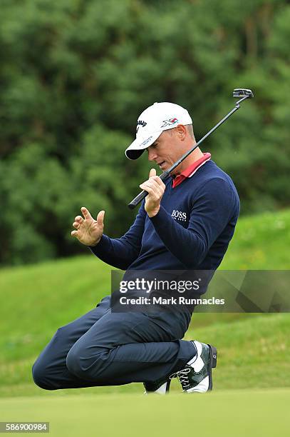 Alex Noren of Sweden reacts after missing a putt on the green on hole 16 on day four of the Aberdeen Asset Management Paul Lawrie Matchplay at...