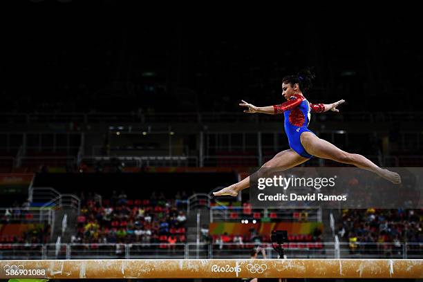 Seda Tutkhalian of Russia competes on the balance beam during Women's qualification for Artistic Gymnastics on Day 2 of the Rio 2016 Olympic Games at...