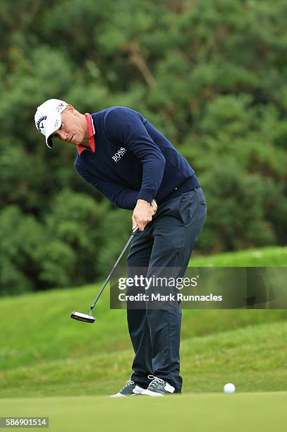 Alex Noren of Sweden putting on the green on hole 16 on day four of the Aberdeen Asset Management Paul Lawrie Matchplay at Archerfield Links Golf...