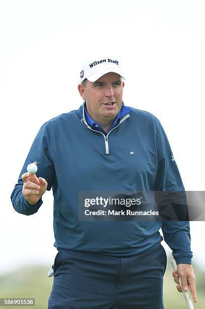 Anthony Wall of England reacts to the crowds applause on hole 15 on day four of the Aberdeen Asset Management Paul Lawrie Matchplay at Archerfield...