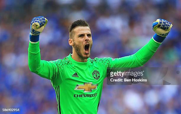 David De Gea of Manchester United celebrates after his sides first goal during The FA Community Shield match between Leicester City and Manchester...
