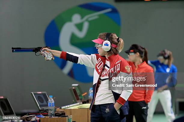 Vitalina Batsarashkina of Russia competes dduring the the Women's 10m Air Pistol event during the shooting competition on Day 2 of the Rio 2016...