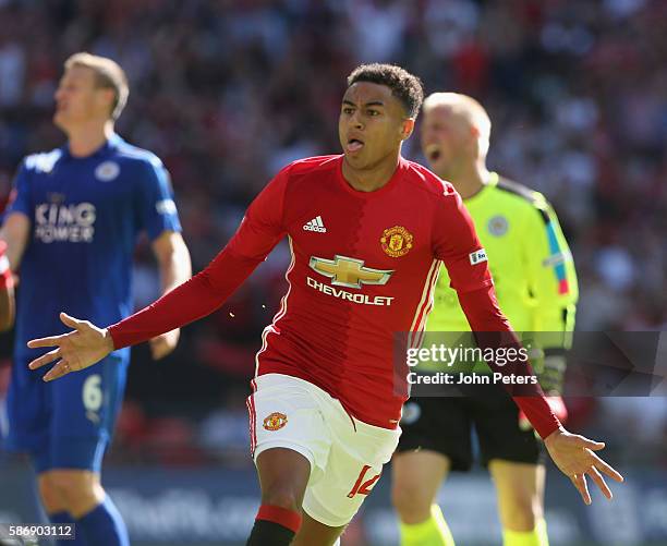 Jesse Lingard of Manchester United celebrates scoring their first goal during the FA Community Shield match between Leicester City and Manchester...