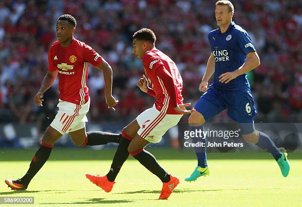 Jesse Lingard of Manchester United scores their first goal during the FA Community Shield match between Leicester City and Manchester United at...