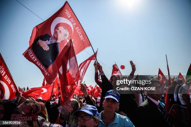 Demonstrator holds a flag picturing Turkish President Recep Tayyip Erdogan among demostrators wawing Turkish national flags and shout slogans on...