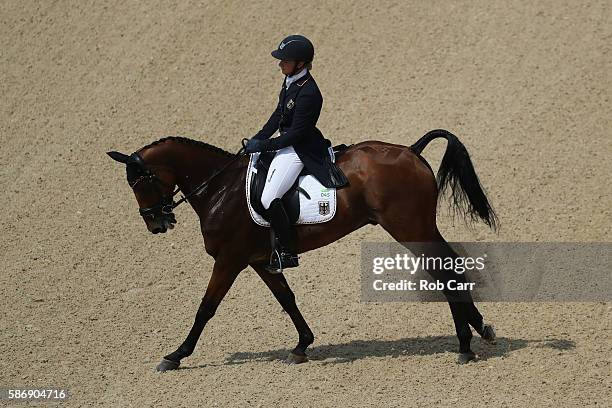 Julia Krajewski of Germany riding Samourai Du Thot competes in the Eventing Team Dressage event during equestrian on Day 2 of the Rio 2016 Olympic...