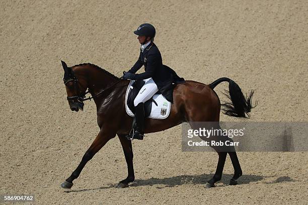 Julia Krajewski of Germany riding Samourai Du Thot competes in the Eventing Team Dressage event during equestrian on Day 2 of the Rio 2016 Olympic...