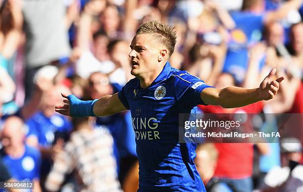 Jamie Vardy of Leicester City celebrates after scoring his sides first goal during The FA Community Shield match between Leicester City and...