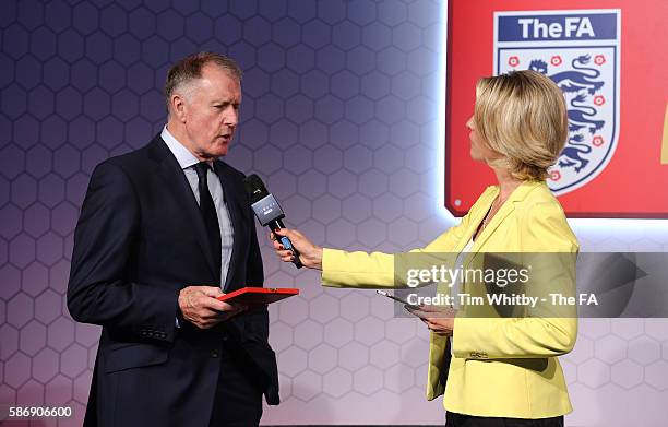 Jacqui Oatley on stage with Sir Geoff Hurst at the McDonalds Community Awards at Wembley Stadium on August 7, 2016 in London, England. The McDonalds...