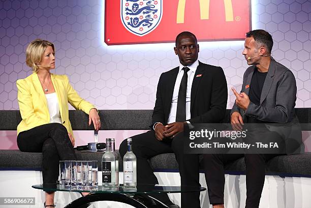 Jacqui Oatley on stage with Emile Heskey and Ryan Giggs at the McDonalds Community Awards at Wembley Stadium on August 7, 2016 in London, England....