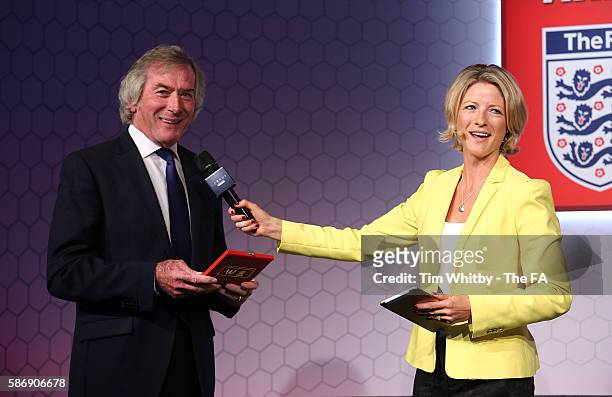 Jacqui Oatley on stage with Pat Jennings at the McDonalds Community Awards at Wembley Stadium on August 7, 2016 in London, England. The McDonalds...