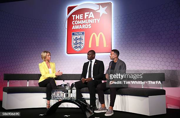 Jacqui Oatley on stage with Emile Heskey and Ryan Giggs at the McDonalds Community Awards at Wembley Stadium on August 7, 2016 in London, England....