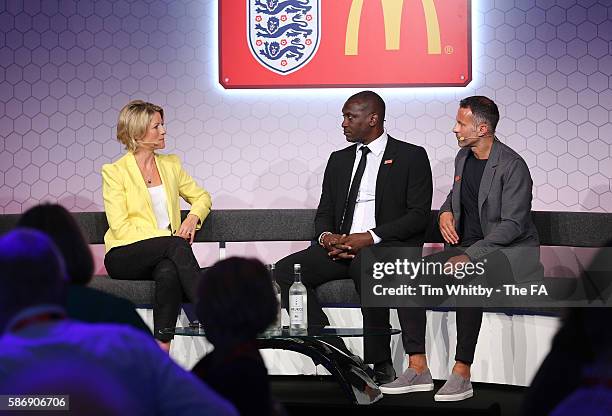 Jacqui Oatley on stage with Emile Heskey and Ryan Giggs at the McDonalds Community Awards at Wembley Stadium on August 7, 2016 in London, England....