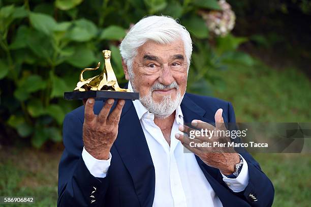 Actor Mario Adorf poses with the Pardo alla Carriera during the 69th Locarno Film Festival on August 7, 2016 in Locarno, Switzerland.