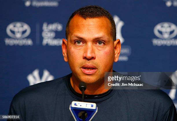 Alex Rodriguez speaks during a news conference on August 7, 2016 at Yankee Stadium in the Bronx borough of New York City. Rodriguez announced that he...
