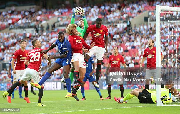 David De Gea of Manchester United collects the ball in mid air during The FA Community Shield match between Leicester City and Manchester United at...