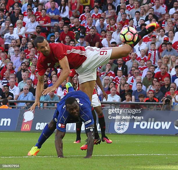 Zlatan Ibrahimovic of Manchester United scores their second goal during the FA Community Shield match between Leicester City and Manchester United at...