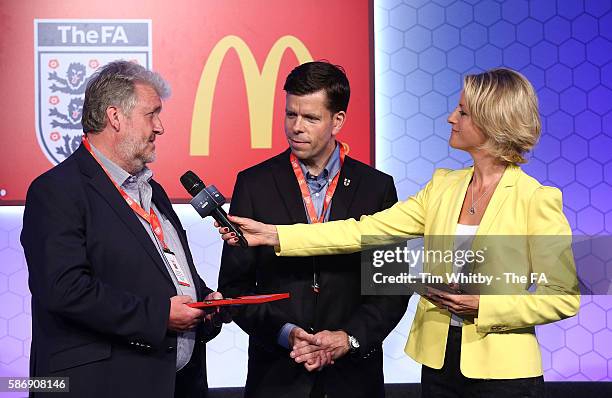 Jacqui Oatley on stage with the winners of the FA Charter Standard League Award, Surrey Football for ALL at the McDonalds Community Awards at Wembley...