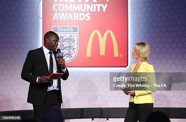 Jacqui Oatley on stage with Emile Heskey at the McDonalds Community Awards at Wembley Stadium on August 7, 2016 in London, England. The McDonalds...