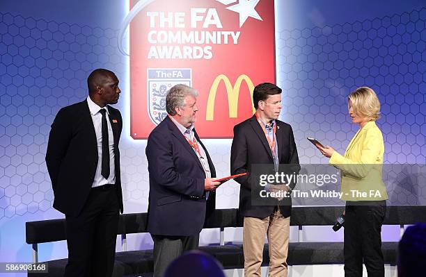 Jacqui Oatley on stage with the winners of the FA Charter Standard League Award, Surrey Football for ALL at the McDonalds Community Awards at Wembley...