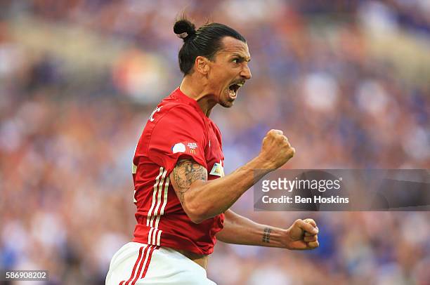 Zlatan Ibrahimovic of Manchester United celebrates after scoring his sides second goal during The FA Community Shield match between Leicester City...