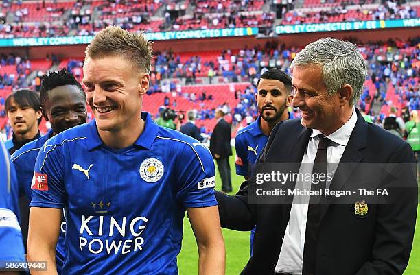 Jamie Vardy of Leicester City and Manager of Manchester United, Jose Mourinho share a smile after the final whistle during The FA Community Shield...