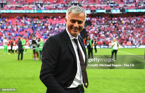 Manager of Manchester United, Jose Mourinho shares a smile after the final whistle during The FA Community Shield match between Leicester City and...