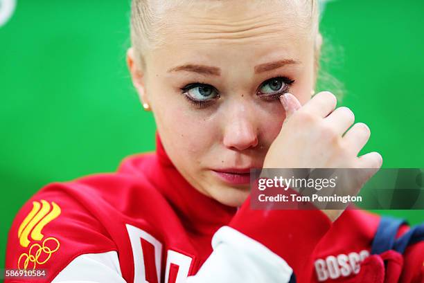 Angelina Melnikova of Russia shows her emotion after not qualifying for the all around during Women's qualification for Artistic Gymnastics on Day 2...