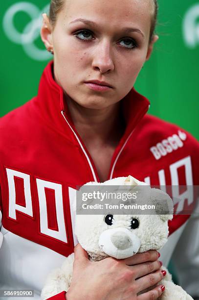 Daria Spiridonova of Russia shows her emotion during Women's qualification for Artistic Gymnastics on Day 2 of the Rio 2016 Olympic Games at the Rio...
