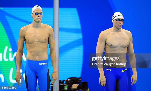 Yannick Agnel of France and Paul Biedermann of Germany prepare to compete in the Men's 200m Freestyle Heats on Day 2 of the Rio 2016 Olympic Games at...