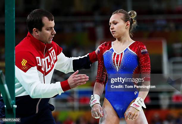 Daria Spiridonova of Russia shows her emotion during Women's qualification for Artistic Gymnastics on Day 2 of the Rio 2016 Olympic Games at the Rio...