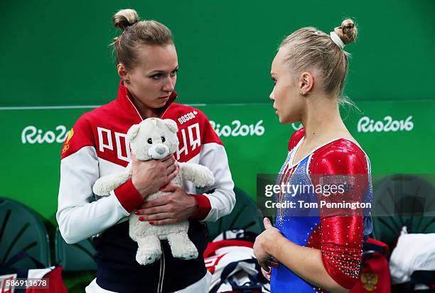 Daria Spiridonova and Angelina Melnikova of Russia show their emotions during Women's qualification for Artistic Gymnastics on Day 2 of the Rio 2016...