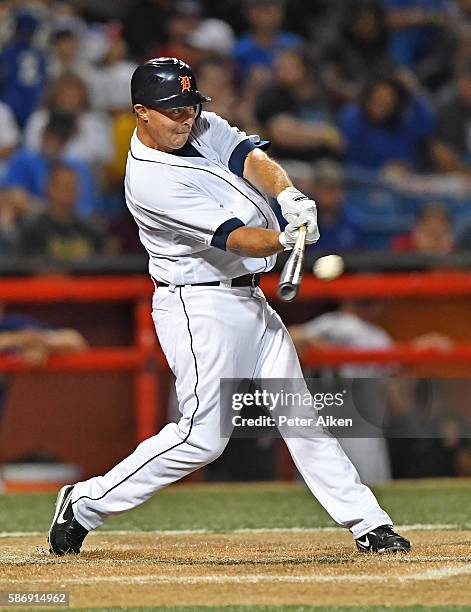 Third basemen Brandon Inge of the Kansas Stars drives in a run with a base hit against the Colorado Xpress in the seventh inning during the NBC World...