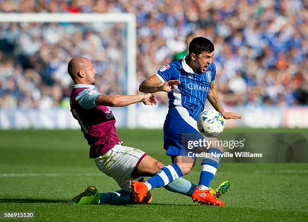 Alan Hutton of Aston Villa is challenged by Fernando Forestieri of Sheffield Wednesday during the Sky Bet Championship match between Sheffield...
