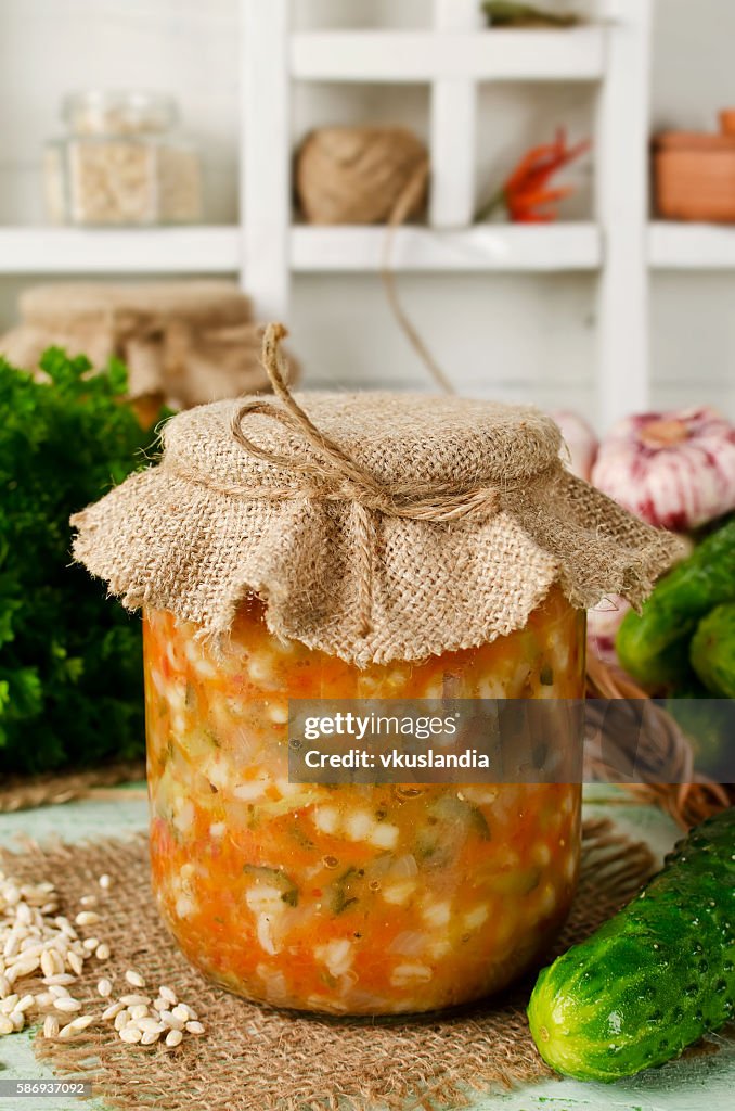 Soup in a jar. Pickle from barley and cucumber