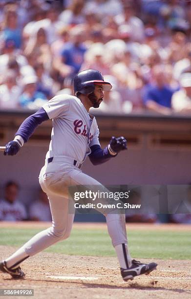 Harold Baines of the Chicago White Sox circa 1986 bats against the California Angels at the Big A in Anaheim, California.