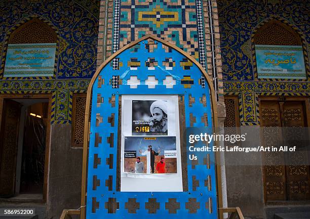 Sheikh nimr al-nimr propaganda billboard in a mosque after his execution by saudi arabia, isfahan province, isfahan, Iran on January 5, 2016 in...