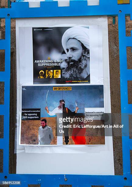 Sheikh nimr al-nimr propaganda billboard in a mosque after his execution by saudi arabia, isfahan province, isfahan, Iran on January 5, 2016 in...