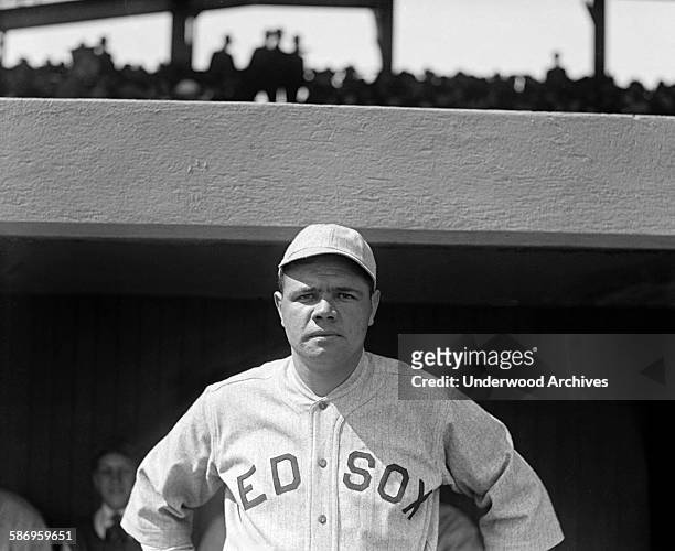 Baseball star Babe Ruth in his last year with the Boston Red Sox, Boston, Massachusetts, 1919.