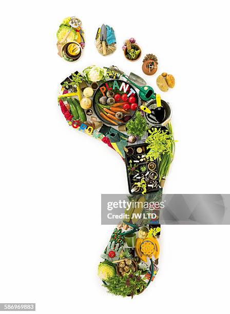 footprint created from garden tools and vegtables - root vegetable stockfoto's en -beelden