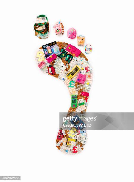 footprint created from british currency - eco footprint stock pictures, royalty-free photos & images