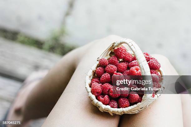 fresh raspberries on a woman legs - framboises stock-fotos und bilder
