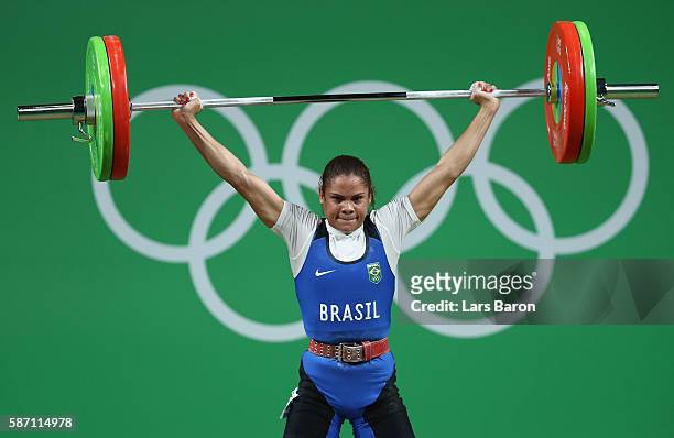 Rosane Dos Reis Santos of Brazil competes during the Women's 53kg Group A weightlifting contest on Day 2 of the Rio 2016 Olympic Games at Riocentro -...