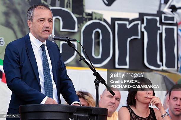 President of the Corsican assembly Jean Guy Talamoni gives a speech during at the end of the Ghjurnate Internaziunale di Corti on August 7, 2016 in...