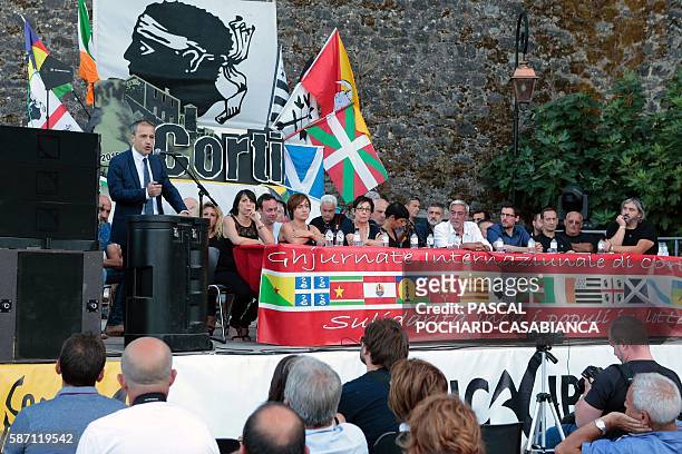 President of the Corsican assembly Jean Guy Talamoni delivers a speech during at the end of the Ghjurnate Internaziunale di Corti on August 7, 2016...