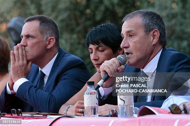 President of the Corsican assembly Jean Guy Talamoni delivers a speech during the Ghjurnate Internaziunale di Corti on August 7, 2016 in Corte on the...