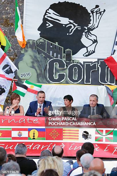 President of the Corsican executive council Gilles Simeoni delivers a speech during the Ghjurnate Internaziunale di Corti on August 7, 2016 in Corte...