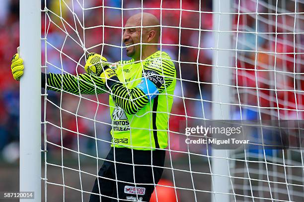 Oscar Perez goalkeeper of Pachuca reacts after blocking an attempt to score during the 4th round match between Toluca and Pachuca as part of the...
