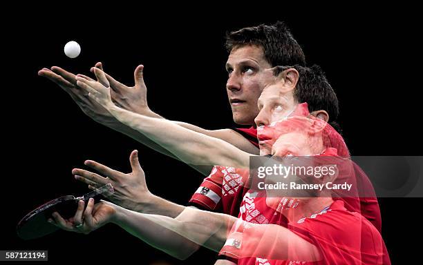 Rio , Brazil - 7 August 2016; Robert Gardos of Austria in action against Ovidiu Ionescu of Romania in the Riocentro Pavillion 4 Arena, Barra da...