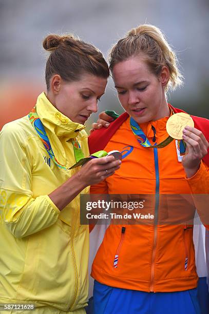 31st Rio 2016 Olympics / Women's Road Race Podium / Emma JOHANSSON Silver Medal / Anna VAN DER BREGGEN Gold Medal / Celebration / Fort Copacabana -...